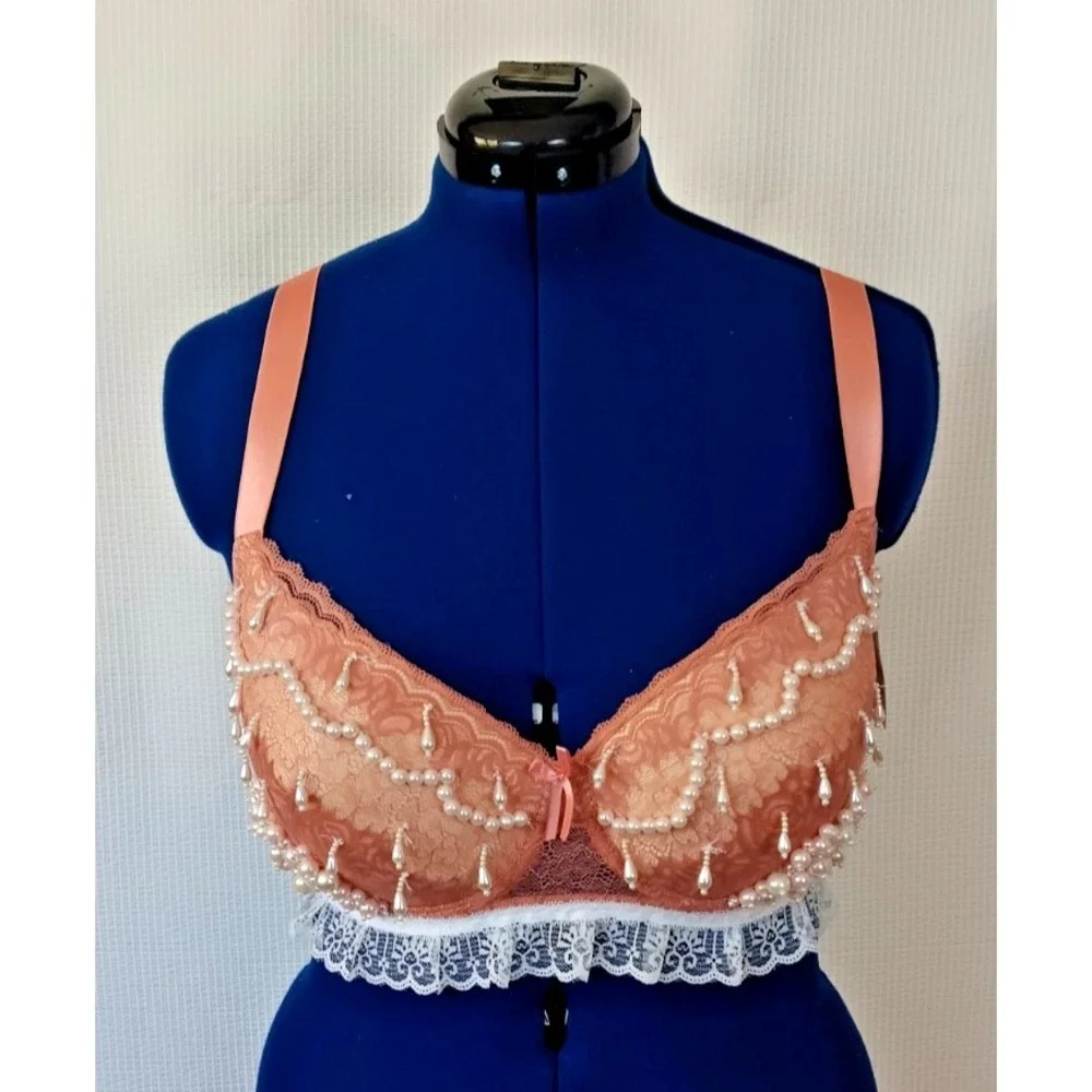 Sofra faux pearl lace beaded Adjustable Straps underwired‎ Peach Bra size 40DD